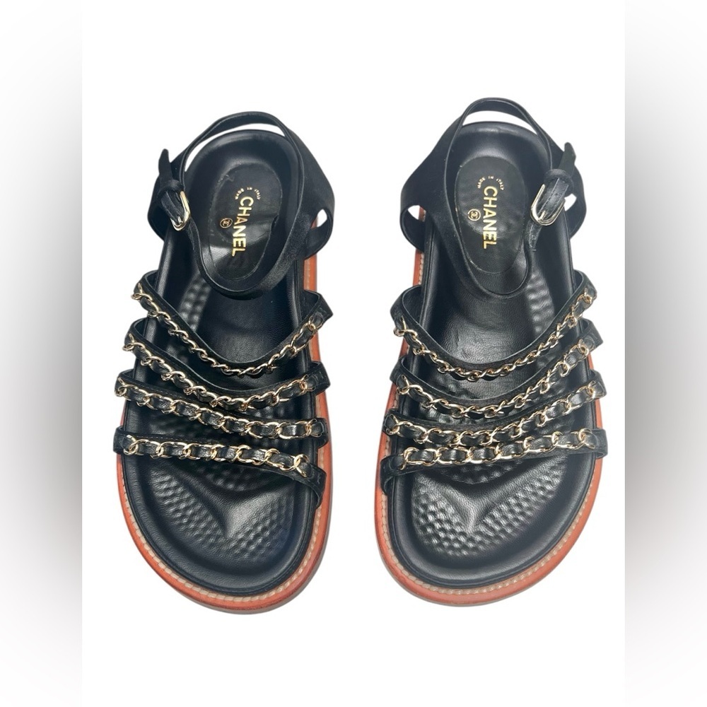 Chanel Satin Lambskin Chain Flat Sandals Black Leather Size 36 - Picture 1 of 7